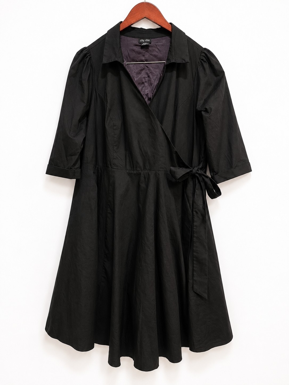 City Chic Black Wrap Dress 22 Plus Size Fit & Flare Puff Sleeve Pockets - Picture 5 of 11
